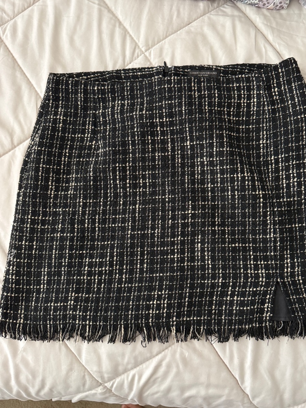 Christian Siriano Black and Cream Tweed Fringe Mini Skirt with Front Slit